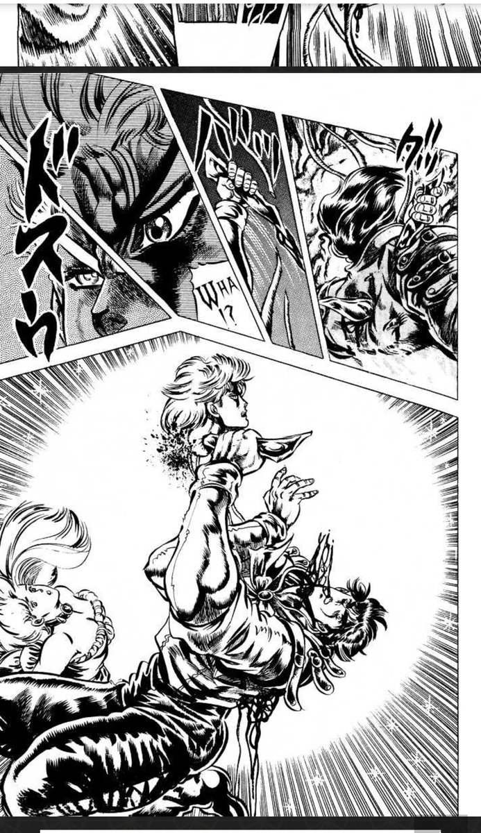 JJBADans ce premier arc, influence forte de Tetsuo Hara... Mais Araki en sublime la cruauté de l'univers par la mise en scène d'un des plus grands duels/duos de l'histoire du manga...