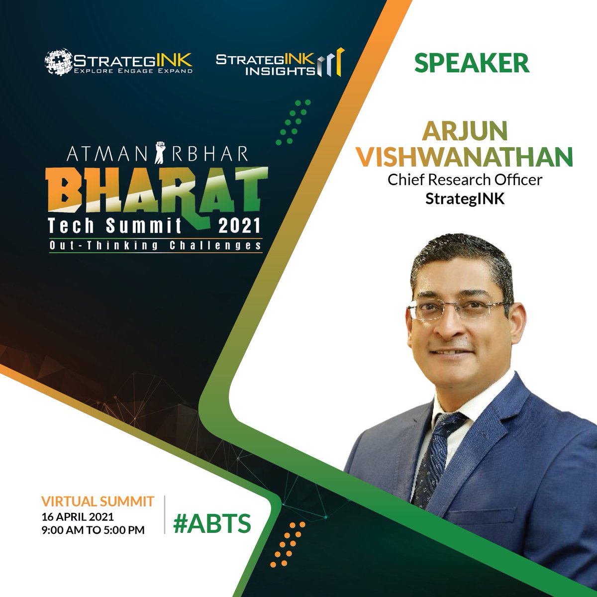 StrategINK's tweet photo. #MeetOurSpeaker #SpeakingAtABTS
We are delighted to announce that Arjun Vishwanathan, Chief Research Officer, @StrategINK will be speaking at the AtmaNirbhar Bharat Tech Summit.
Register now: https://t.co/kAjkGRwuOD
#ABTS2021 #strategink https://t.co/Q0kZQcmDzS