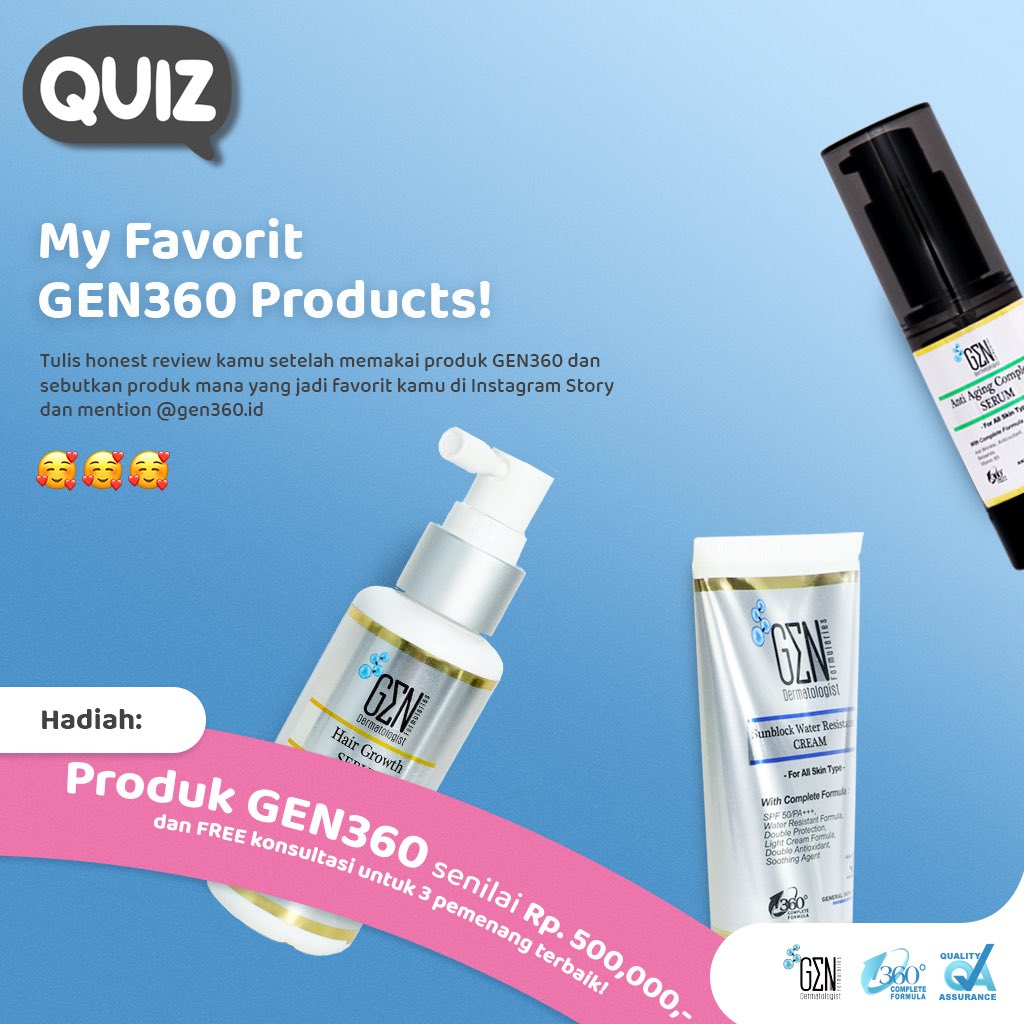 Gen360id's tweet photo. Good News! Quiz GEN360 diperpanjang sampai dengan 23 April!  So, kamu masih berkesempatan memenangkan produk GEN360 senilai Rp. 500,000,- dan FREE konsultasi dengan dokter GEN untuk 3 orang pemenang! Cuss cek mekanismenya di bawah ini ya🤗

#FormulaDariAhlinya #CompleteFormula https://t.co/XgREHu5506