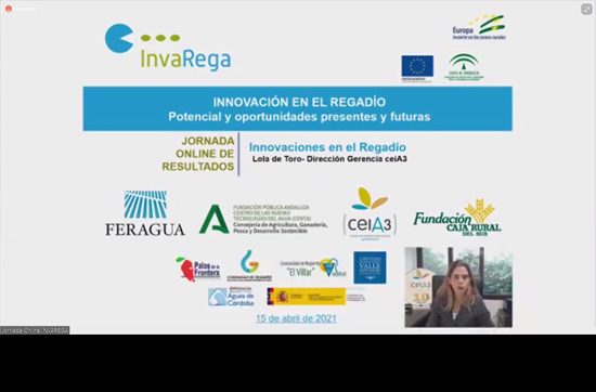 cei_A3's tweet photo. Lola de Toro, gerente del @cei_A3 presenta en la Jornada Final de #INVAREGA una ponencia sobre Innovación en el #regadío enfocada a las oportunidades de financiación a nivel europeo, nacional y regional @FeraguaRegantes @fundacioncenta @UniHuelva @grupocrsur https://t.co/T8GFliZDWi