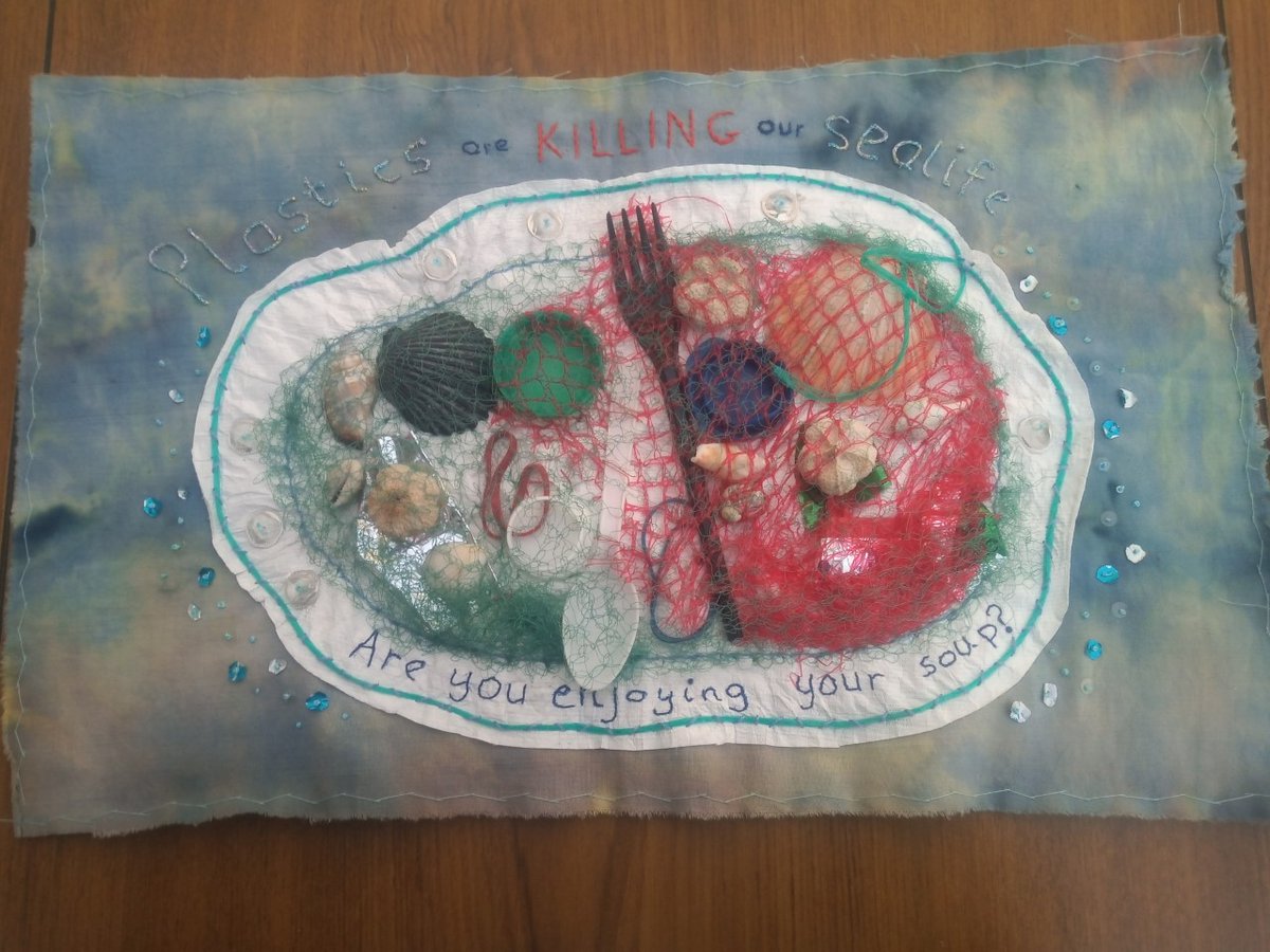 WomensInstitute's tweet image. Some fabulous pieces by members of Broompark and District WI (BaD WI), who took part in the @ChelseaUAL and WI collaborative project. Students &amp;amp; members created designs and textile pieces based on a WI campaign with all 4 members of BaD WI choosing the #EndPlasticSoup Campaign!🐟