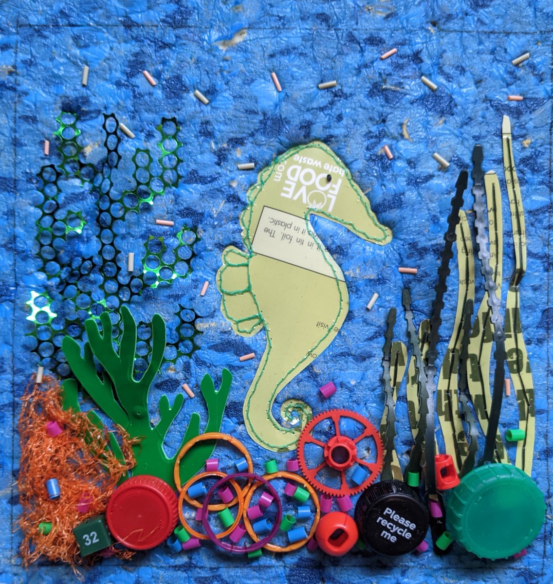 WomensInstitute's tweet image. Some fabulous pieces by members of Broompark and District WI (BaD WI), who took part in the @ChelseaUAL and WI collaborative project. Students &amp;amp; members created designs and textile pieces based on a WI campaign with all 4 members of BaD WI choosing the #EndPlasticSoup Campaign!🐟