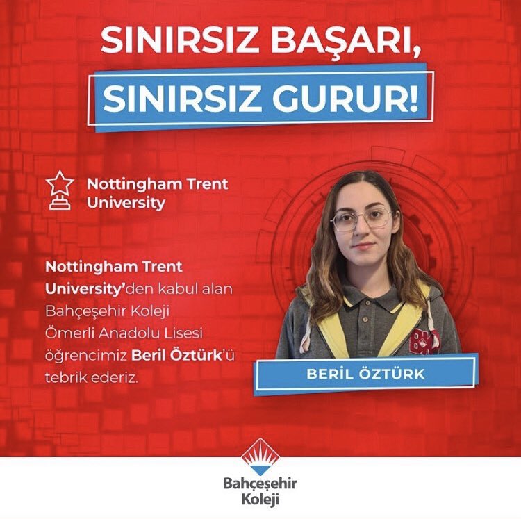 Sınırsız Başarı, Sınırsız Gurur!
Ömerli Anadolu Lisesi öğrencimiz Beril Öztürk Nottingham Trent University ’den kabul almıştı.

Beril Öztürk Radboud University’den de şartsız kabul aldı.

Gururluyuz!❤️💙
Yolun açık olsun sevgili Beril✨

#bahçeşehirkoleji