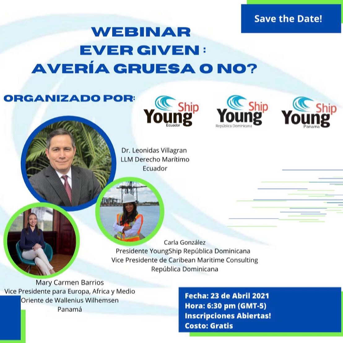 Este 23 de abril estaré compartiendo con #youngshipdominicanrepublic #youngshippanama #youngshipecuador sobre el reciente bloqueo en #Suez y su knock-on effect #womeninshipping #maritimeindustry