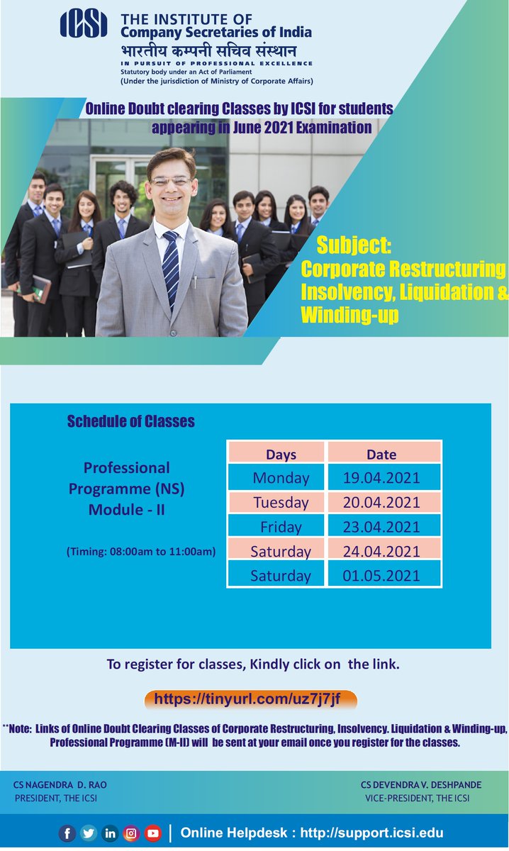 icsi_cs's tweet photo. #ICSI Online Doubt Clearing Classes for #ProfessionalProgramme (New Syllabus)- M - II commencing from 19th April 2021. Subject: #CorporateRestructuring, #Insolvency, #Liquidation & Winding Up
#RegsiterNow @ https://t.co/eGjiwW9pmt https://t.co/2RihxUjbM0