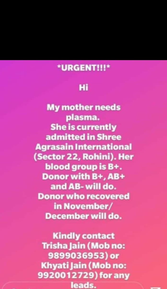 paddu2406's tweet photo. Hi! A close friends mum needs plasma in Delhi.. Please do let me know if you know any donor

#PlasmaRequirement #Delhi https://t.co/cvBDJEnUmD