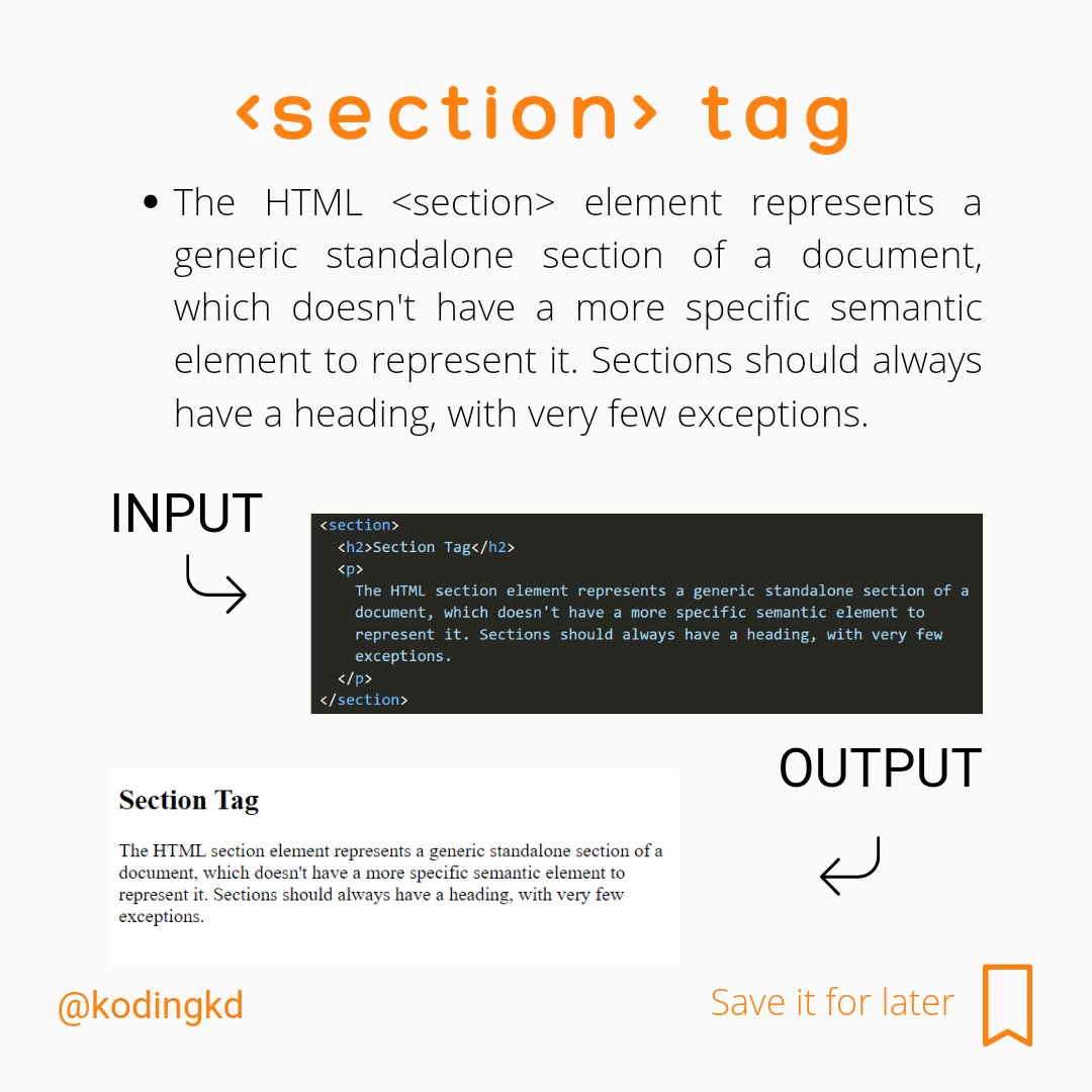 kodingkd's tweet image. Day - 12 | The Generic Section & Content Division element in HTML
Follow @kodingkd for more 💯
.
Was It helpful?
Let me know in the comments 👇🏼
.
.
.
#section #div #html #htmlcoding #htmlcss #htmlcode #kodingkd #30daysofhtml #scss #csstricks #csstips #css3code #100DaysOfCode