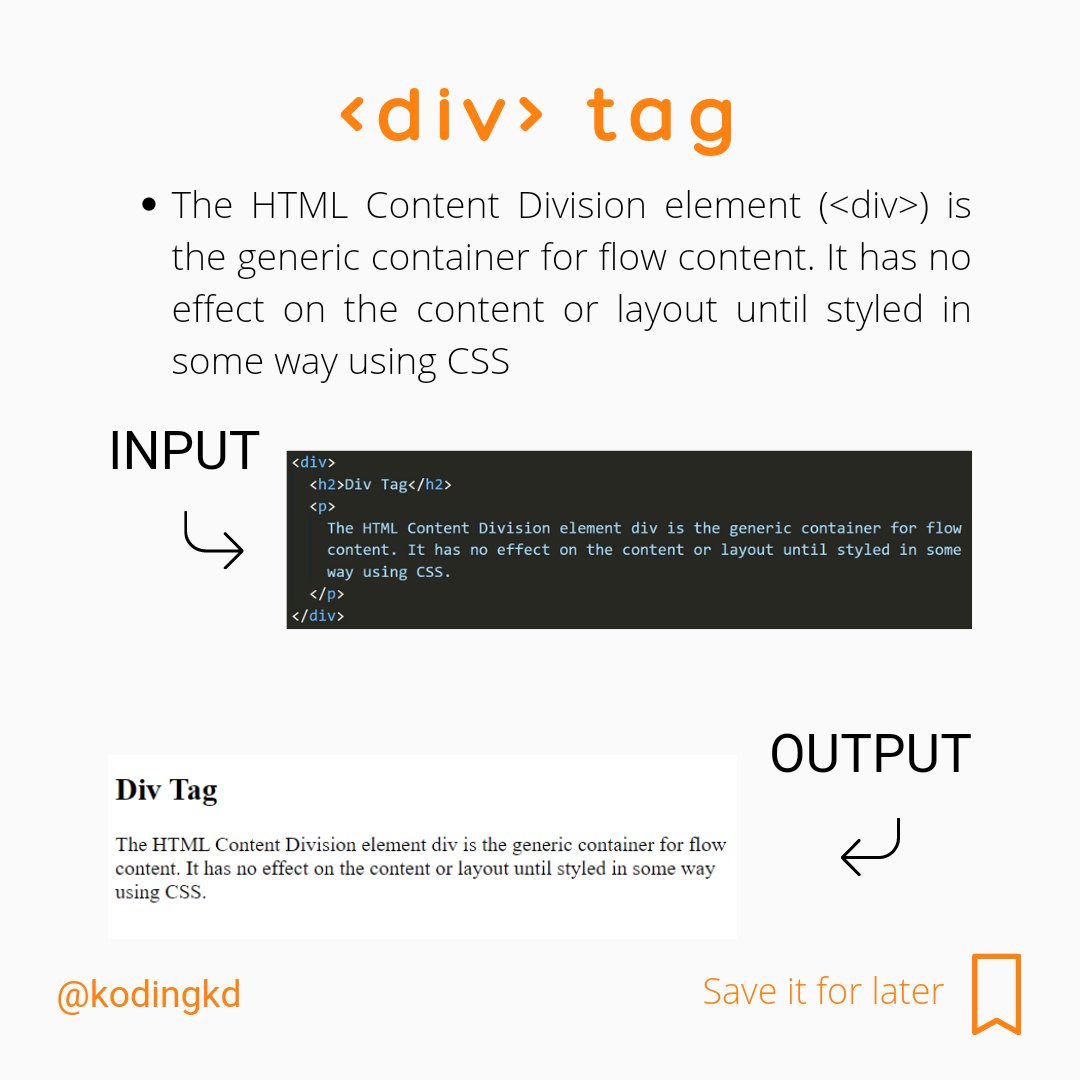 kodingkd's tweet image. Day - 12 | The Generic Section & Content Division element in HTML
Follow @kodingkd for more 💯
.
Was It helpful?
Let me know in the comments 👇🏼
.
.
.
#section #div #html #htmlcoding #htmlcss #htmlcode #kodingkd #30daysofhtml #scss #csstricks #csstips #css3code #100DaysOfCode