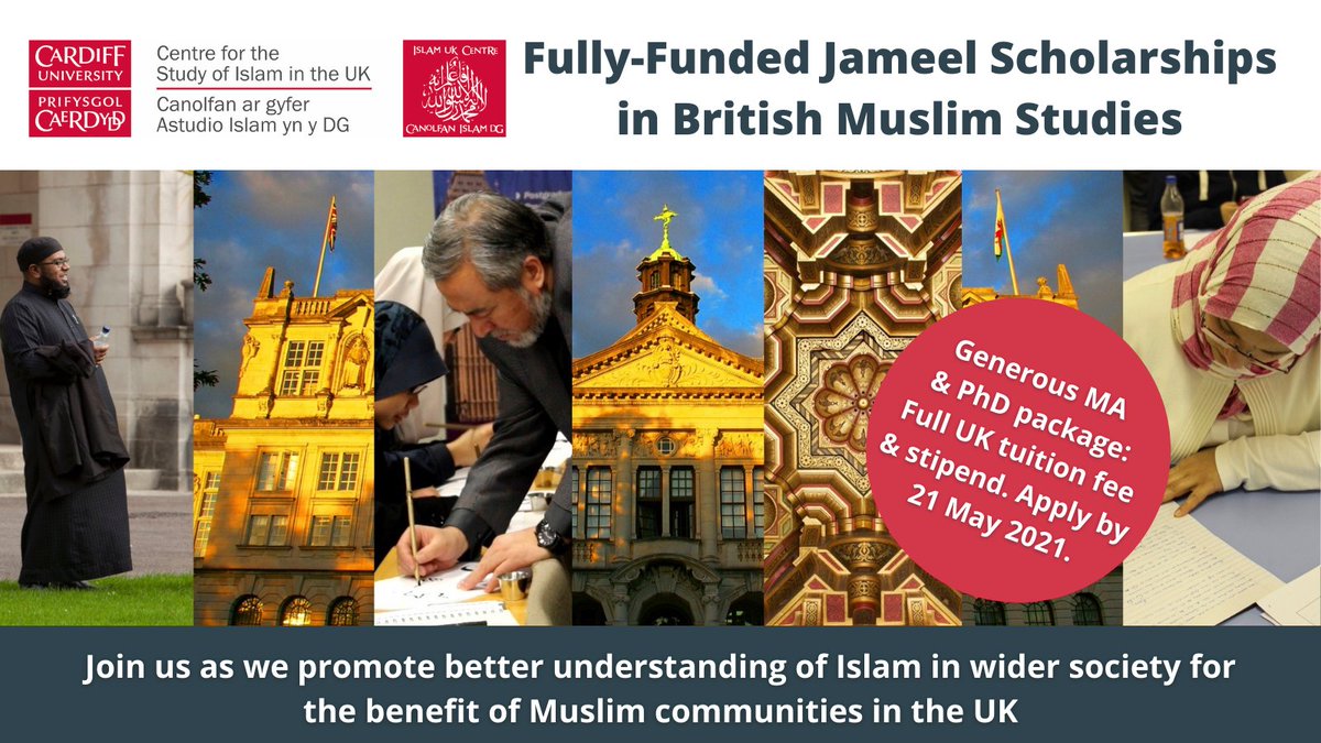 We have scholarships for the coming academic year. 3x MA scholarships &amp; 3x PhD scholarships. Full fees, a stipend for living, and a research allowance. Send us your projects on Muslims in British social context! Deadline 21 May. Criteria and details here: cardiff.ac.uk/centre-for-the…