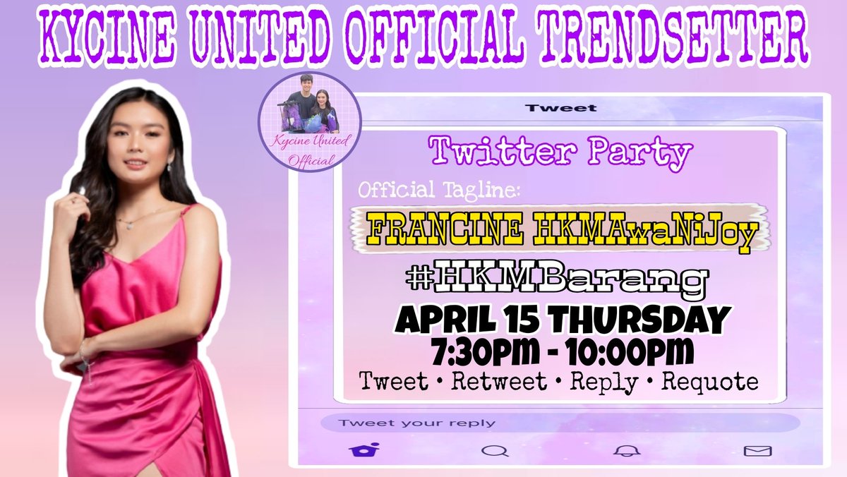 kycineunited's tweet photo. Twitter party for @francinecarreld starts at 7:30 see you later 💜 https://t.co/xkOUmc70yk