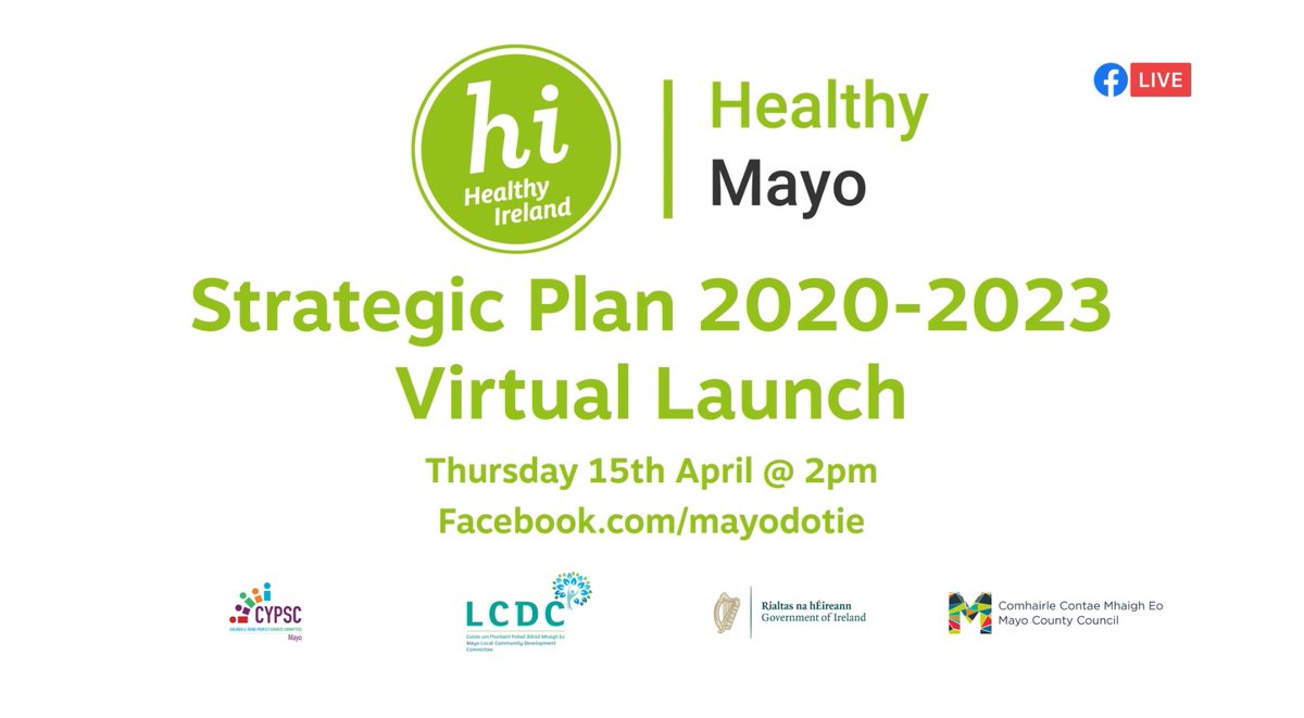 The launch of the Healthy Mayo Strategic Plan (2020 – 2023) takes place live on <a href="/MayoDotIE/">Mayo.ie</a> Facebook today at 2pm

The plan will be launched by Minister of State <a href="/FrankFeighan/">Frank Feighan T.D.</a> TD

Please join us at facebook.com/MayoDotIE