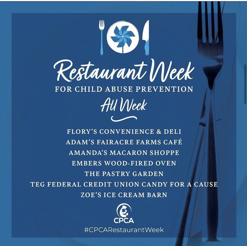 We’re happy to participate in Restaurant Week for Child Abuse Prevention! Stop by this week and mention child abuse prevention &amp; 10% of your order total will be donated back to a great cause!