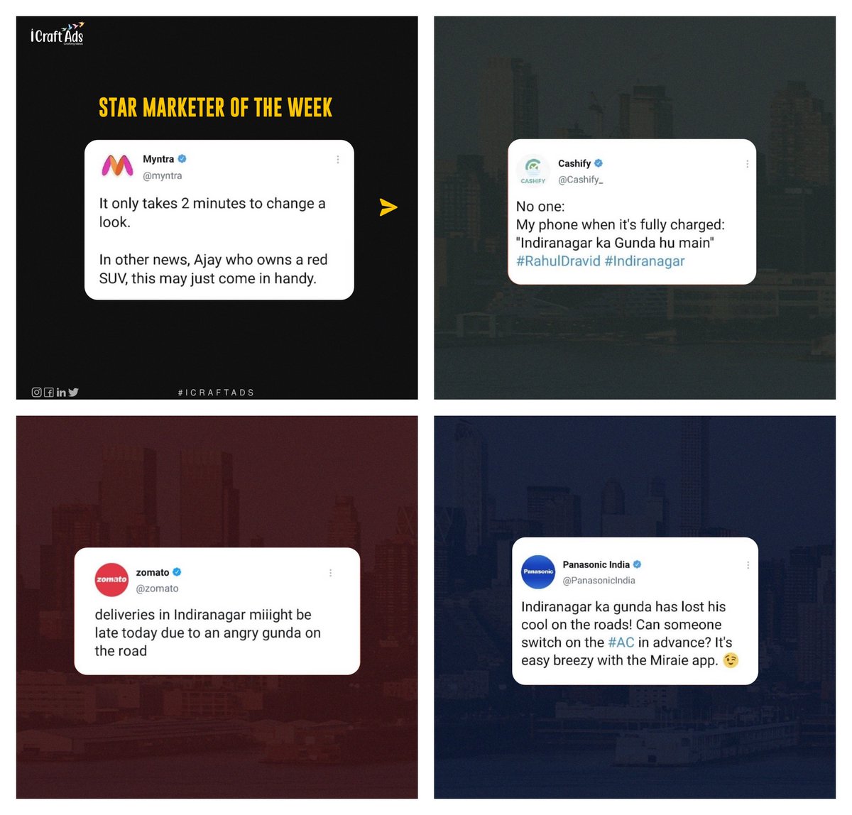 iCraftAds's tweet photo. 🌟 Star Marketer Of the Week 🌟
.
What are your favourite brands doing? 🤩🎉
.
Check out what creative ideas your favourite brands are coming up with. 😍💥
.
Follow and keep checking on us for more such information. 😉✅
.
.
#IPL #IPL2021 #RahulDravid #Cred #Trending #TrendingNow https://t.co/ec1rikIwTs