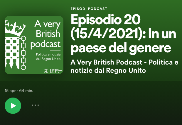 È online "In un Paese del genere", la 20ᵃ puntata di A VERY BRITISH PODCAST, a cura di <a href="/DomeCerabona/">Domenico Cerabona</a> e Federico D'Ambrosio

Con Giupo Suppo e Clara Canova si parla di diritti civili in Uk

Le nuove puntate del podcast sono realizzate col sostegno della <a href="/FondAmendola/">FondazioneAmendola</a> e Left