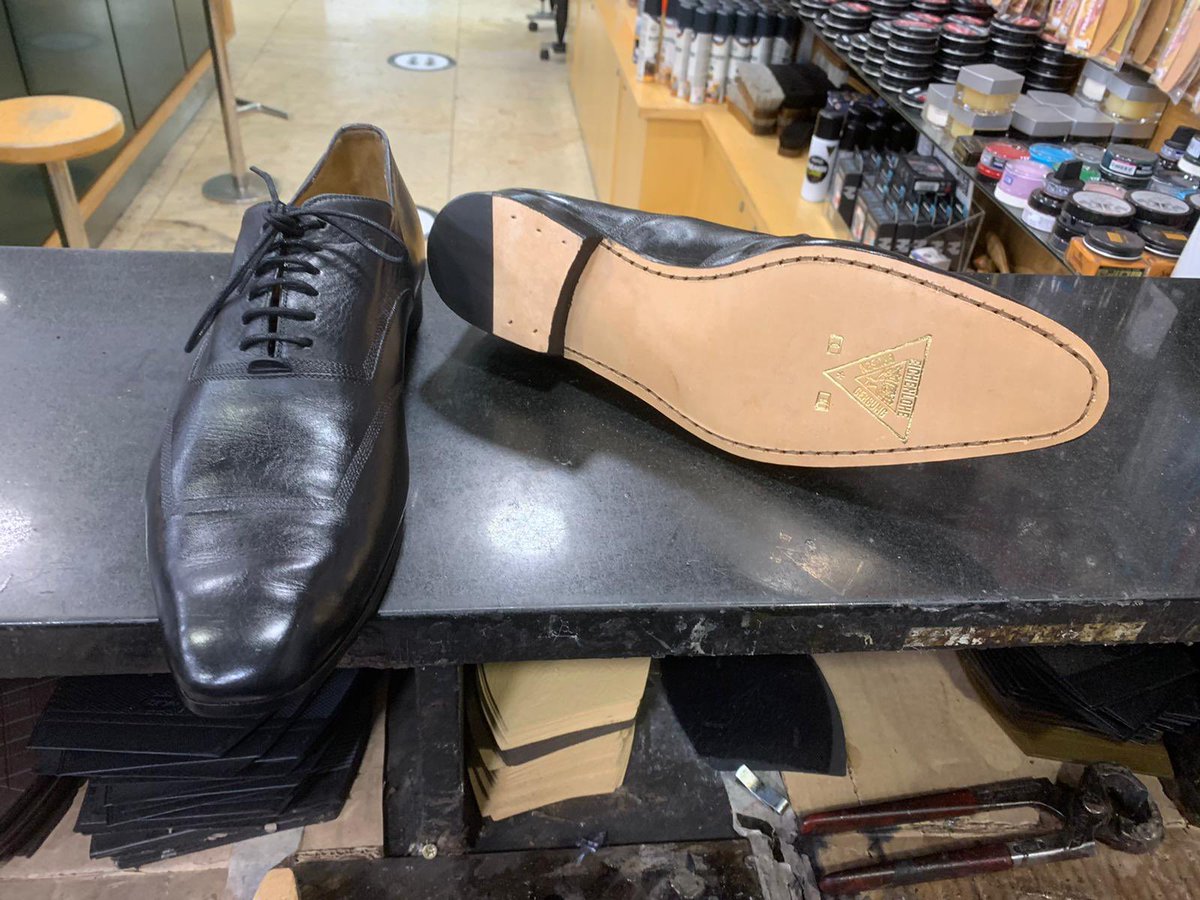 JamesShoeCare's tweet photo. Another fantastic transformation, this customer wanted his shoes repaired and dyed black here are the before and after pictures #CanaryWharf #BackOpen #StaySafe https://t.co/U1Z5xoR1ax