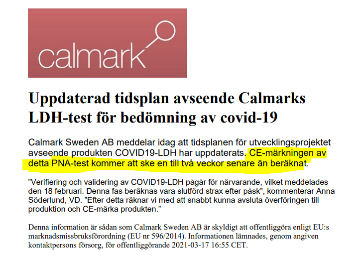 AktieVarlden's tweet photo. Hakar på @j_rietz och @Norrland68 och köper Calmark 😍

Deras PNA-test kan se hur sjuk någon kan bli i COVID, detta kombinerat med deras befintliga produkter gör bolaget hyperintressant då PNA-testet är världsunikt.

Förväntar mig en Qlife/Aegirbio resa!

CE-märking inom kort! https://t.co/oCJJaZm5jU