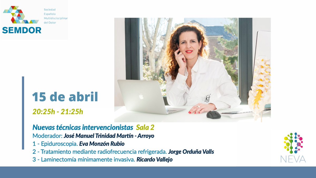 Esta tarde, se hablará en el Congreso de <a href="/SEMDOR2/">SEMDOR Soc. Esp. Multidisciplinar del DOLOR</a> sobre “Nuevas técnicas de intervencionismo”. En ellas, nuestra anestesista Eva Monzón participará hablando sobre la “Epiduroscopia”. <a href="/draevamonzon/">Dra. Eva Monzón</a>