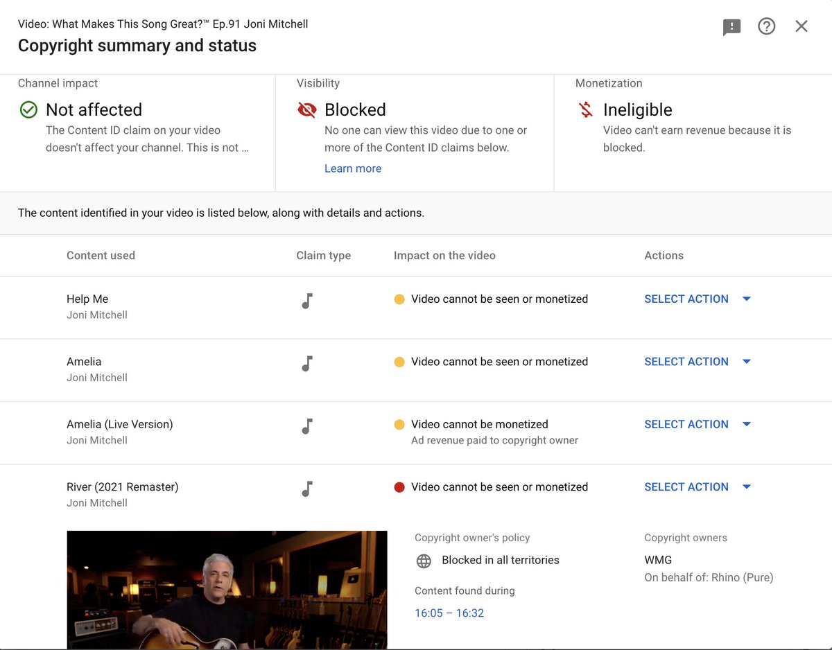 rickbeato's tweet image. My @jonimitchell "What Makes This Song Great Ep.91" on "Amelia" was blocked by @warnermusic. Please unblock this video! Not only is Joni okay with the video, she sent me a nice Christmas gift because she appreciated it so much. This is total BS @warnermusic unblock it!