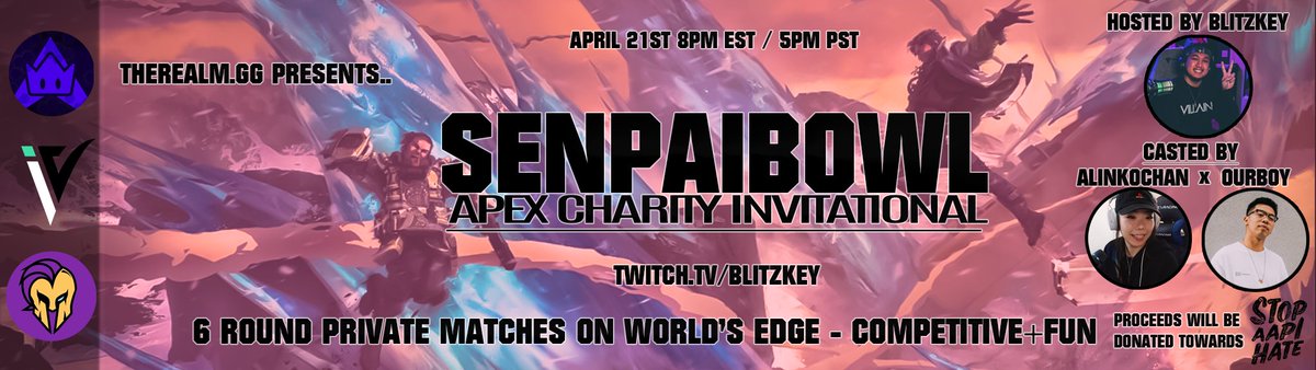 blitzkey_'s tweet image. With the help of @therealm_gg , we can finally announce that I will be hosting an Apex Charity Invitational! Teams will be announced under this thread soon, so be sure to check them out!  All donations will go to @StopAAPIHate ❤️
