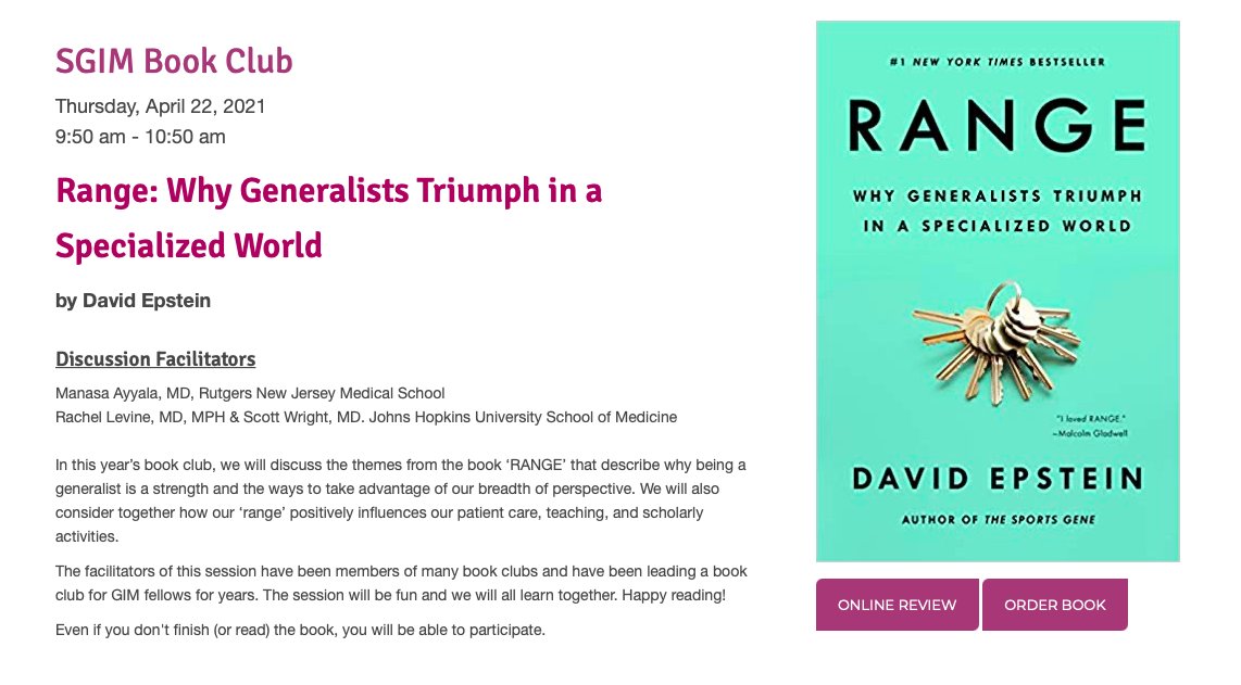 #SGIM21 Book Club is just one week away! Join us as we explore how expanding our ‘range’ can be critical to promoting creativity and innovation in our personal and professional lives. <a href="/r_rlevine/">RLevine</a> <a href="/GIMMedEdDoc/">Scott Wright</a> <a href="/CLOSLER/">CLOSLER</a> <a href="/JH_TSP/">Johns Hopkins Teaching Skills Programs</a> #MedTwitter #DocsWhoRead