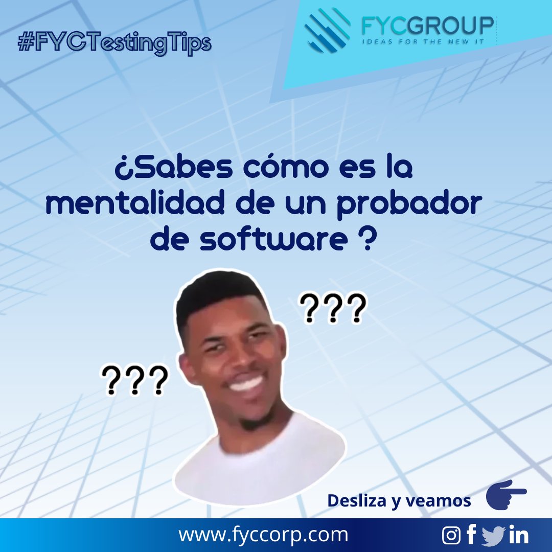 fycgroup's tweet image. 🐞No te pierdas nuestros #FYCTestingTips 🐞
¿Sabes cómo es la mentalidad de un probador de software? Míralo aquí 👇👇👇👇
bit.ly/3e4otjV

#SoftwareTesters #PruebasdeSoftware #DesarrollodeSistemas #ISTQB #FabricadeTesting #TestingTips #QATesters #STLC #TestingdeSoftware