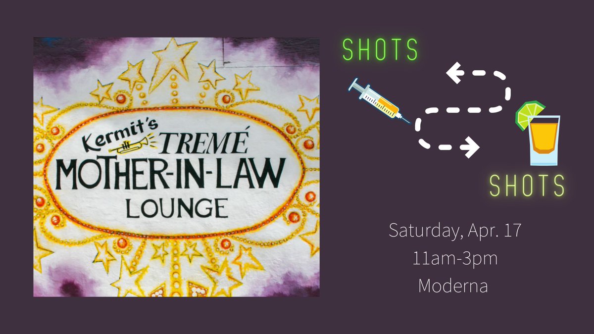 nolahealthdept's tweet photo. Come get your COVID-19 vaccine shot and celebrate with a shot! 🍾🎉 Walk-ins, no appointment required #sleevesupnola #covidvaccine @KermitRuffins @nolaready @CityOfNOLA https://t.co/0O7phYpYzn