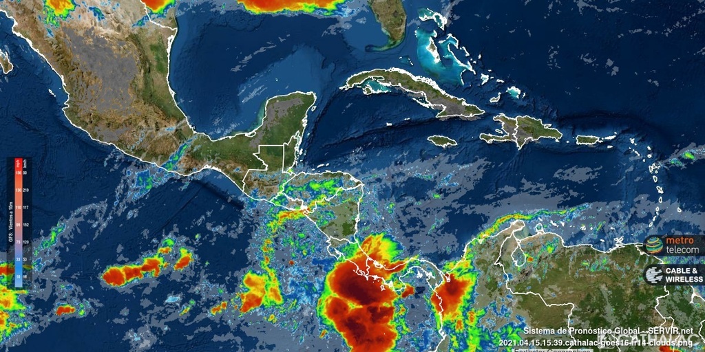 Imagen actualizada de satélite GOES-16 (banda infrarroja) para Centroamérica y el Caribe 15-04-2021 16:35UTC - animaciones completas en: servir.net - #CATHALAC #meteo #clima