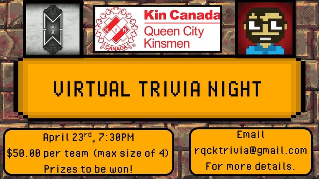 qckinsmen's tweet photo. On April 23rd, we are hosting a virtual trivia night!

The trivia will be via Zoom, and answers submitted via an online platform.

Email the address on the poster for more information or to register! https://t.co/ujLz4F0EY5