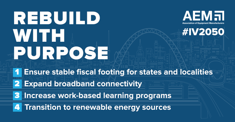 AEMAdvocacy's tweet photo. AEM announced a commitment to a set of policy priorities for a new, affirmative vision for U.S. #infrastructure. These four priorities focus on:
✔️ Fiscal health
✔️ Resilience
✔️ Workforce
✔️ Digitalization
Visit https://t.co/kAzu0aZfYo to learn more. #RebuildWithPurpose #IV2050 https://t.co/HeNPLPPJj3