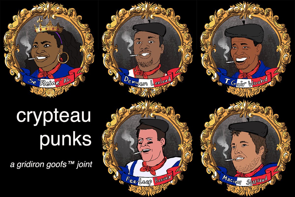 crypteaupunks's tweet image. crypteau punks

-hand drawn superstars
-each player limited to one mint (1 of 1)
-incroyable french accessories 🚬🇫🇷
-fantastique names that unlock a joke when said out loud
-part of the Gridiron™ Universe (@GridironNFT)
-for discerning collectors only 

crypteaupunks.fr