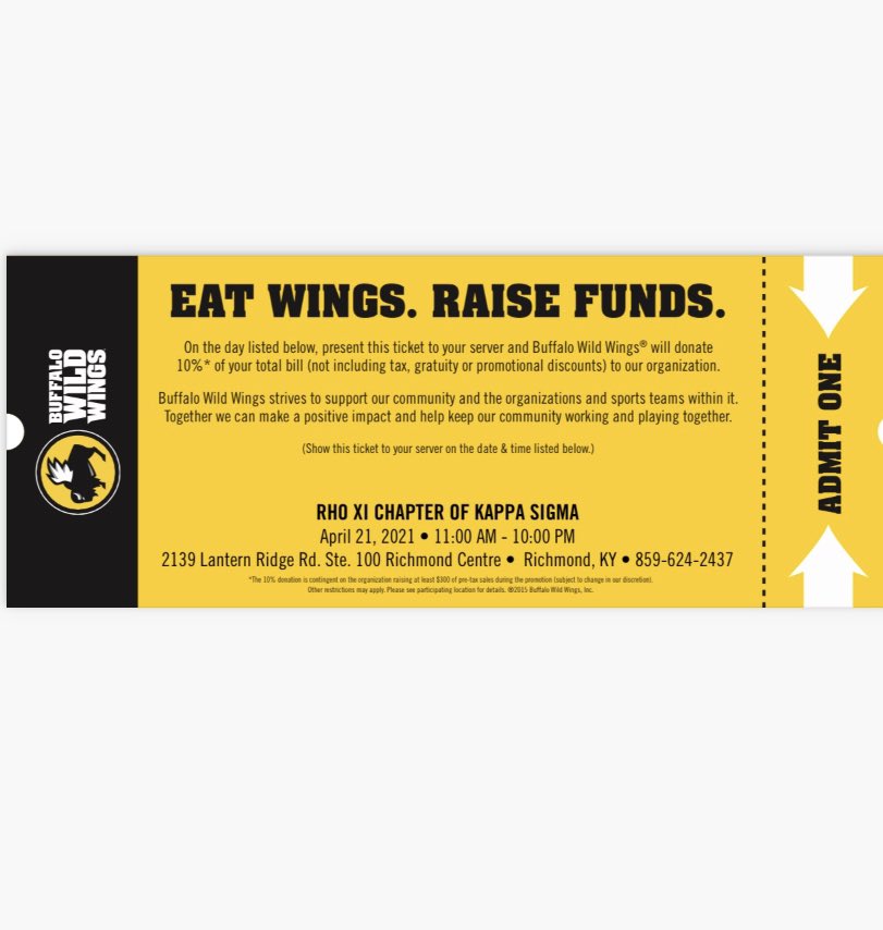 April 21st stop by Buffalo Wild Wings where %10 of your bill will go towards our chapter. If you would like a copy screenshot or dm us. Thank you all #AEKΔΒ