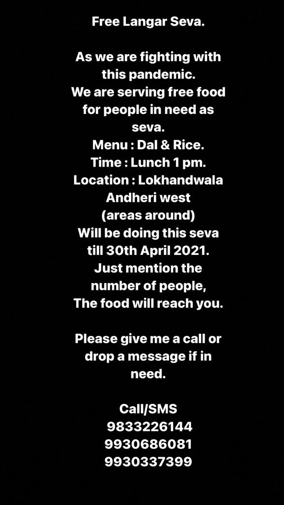 jeet_dholakia's tweet image. - Free langar seva in Andheri West and area around. 
- Starting tomorrow onwards. 
- Free food (Dal and Rice).
Please spread the word to people you may know in Andheri west area🙏

Please RT.
#COVIDSecondWave 
#COVIDEmergency
#COVID19
#Mumbai 
@Mumbaikhabar9  @Lokhandwala_Bom