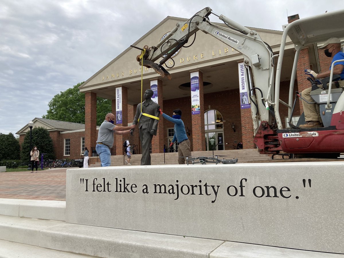 Test run for the Joseph Vaughn Plaza unveiling this morning. Check out one of the first photos of the statue in its place!