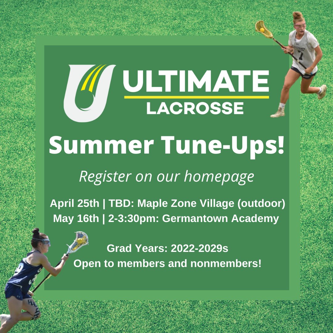 ULTIMATE SUMMER TUNE-UPS!
ONLY $40 PER SESSION, DEAL WHEN YOU SIGN UP FOR BOTH!

REGISTER HERE: ultimategoallacrosse.leagueapps.com/classes/226589…