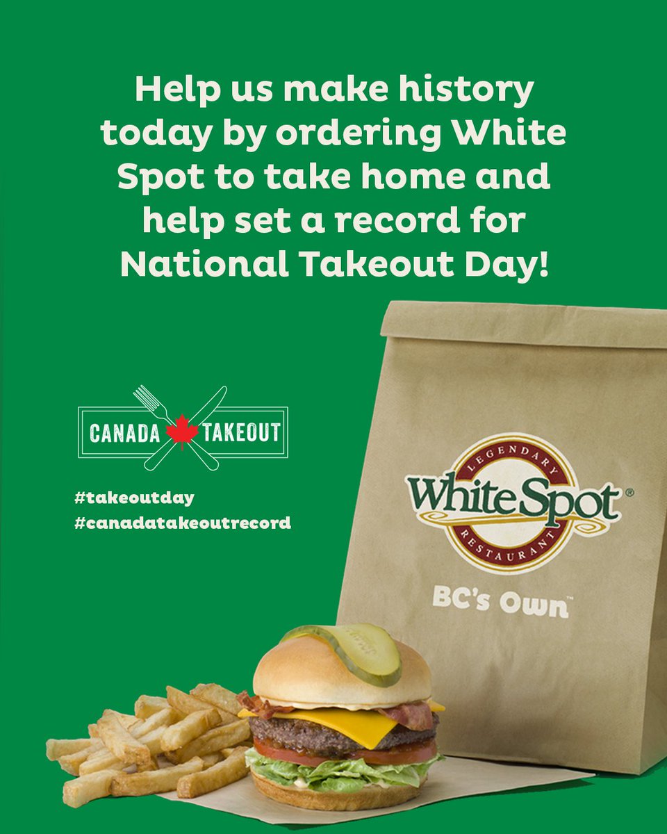🍔 Join us for National #TakeoutDay as we set out to break a record for most takeout ordered in one day! Bring White Spot to YOUR spot and head to @canadatakeout to make your order count. Click here to order: orders.whitespot.ca