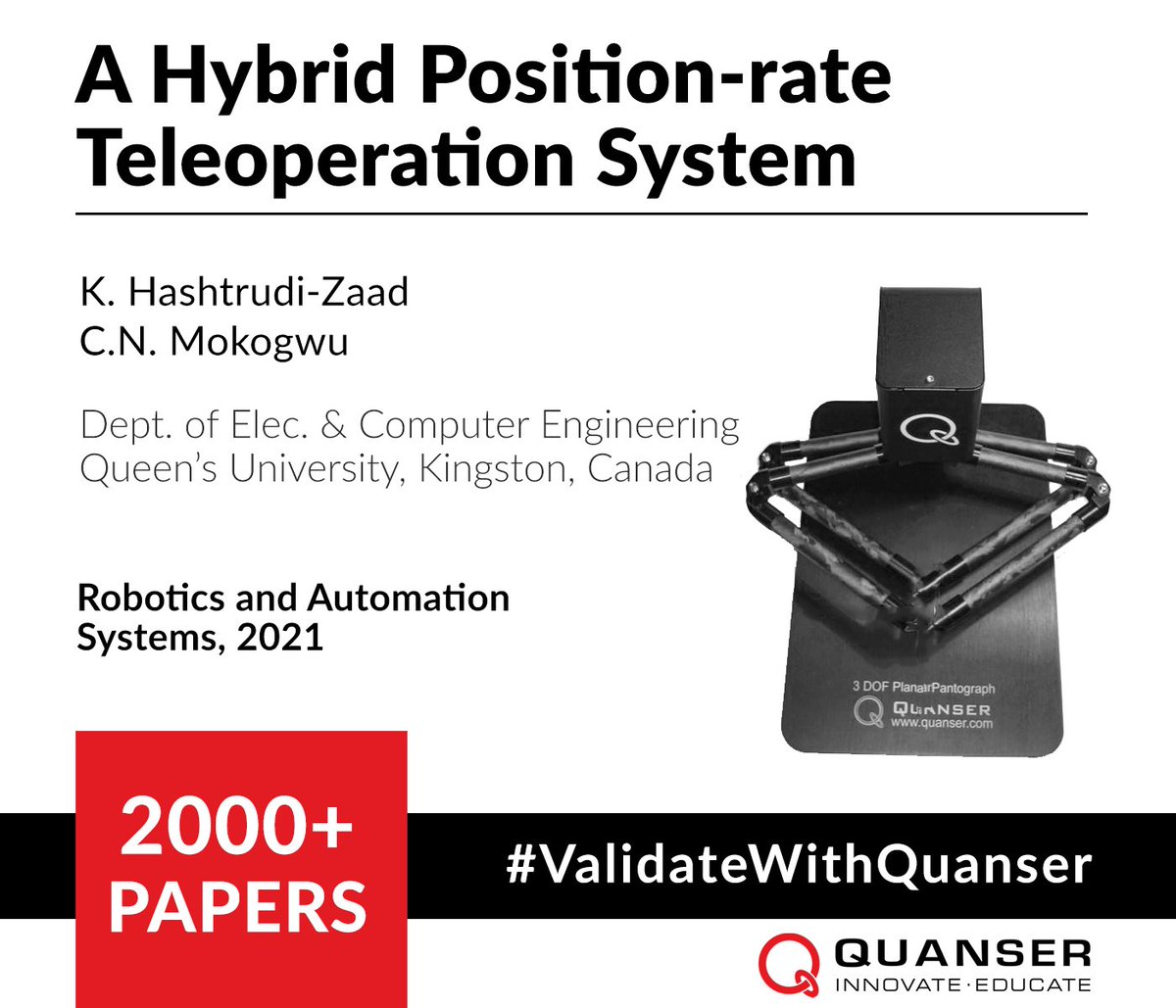 #ValidateWithQuanser: Researchers from Queen's University validate a hybrid position-rate teleoperation system using a Quanser 3-DOF Planar Pantograph. #robotics #controlsystems #controltheory