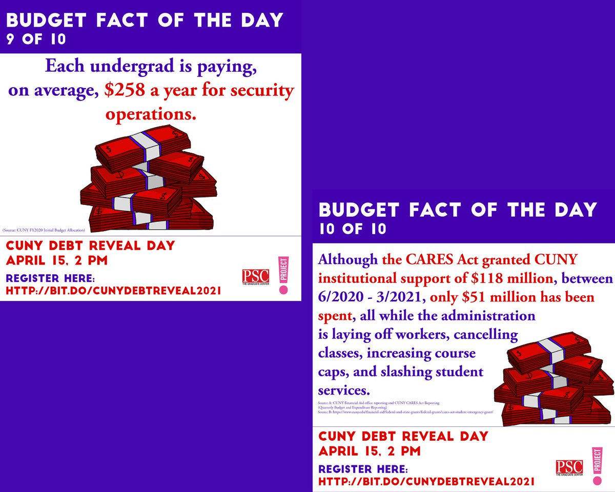 GCAdjuncts's tweet photo. Check out all 10 of the #CUNY Finance Facts!
See you at the #CUNY Debt Reveal, today, 4/15 @ 2pm!
Join us: https://t.co/w4R0a5Iwaq
Co- organized by @psccunygc & @CUNYAdjunctProj
#peoplesbudget #debtcollective #realcollege #abolishdebt #fundhighereducation https://t.co/VvfhOnFERN