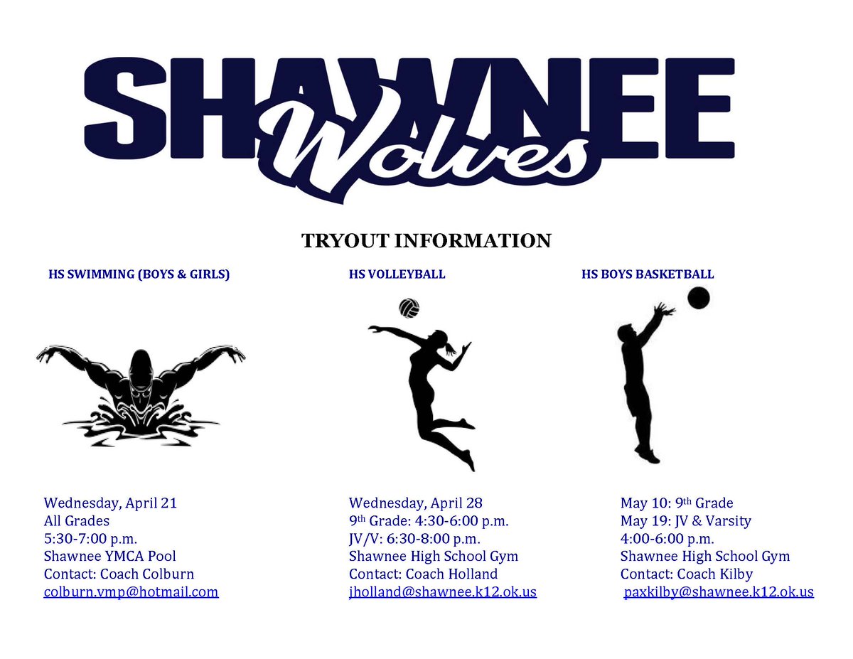 Check out the upcoming tryout information for SHS Swim, Volleyball, &amp; Boys Basketball.