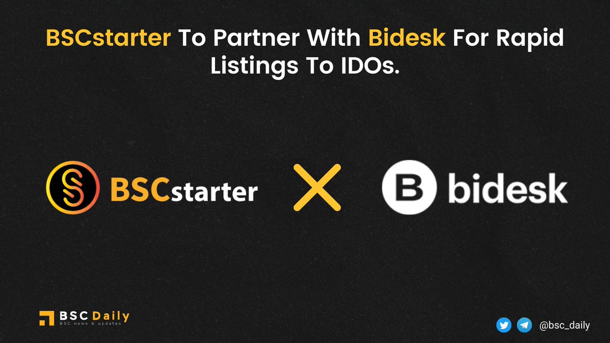 bsc_daily's tweet photo. As $START was listed on @bideskcom, @BSCstarter goes on to collab with this CEX for rapid listing.
Any project with a successful #IDO and listing on #PancakeSwap will be eligible for the programme & an expedited addition to #Bidesk.
More info: https://t.co/HF9mKcGpjn
#BSC https://t.co/W1wla1cJqC