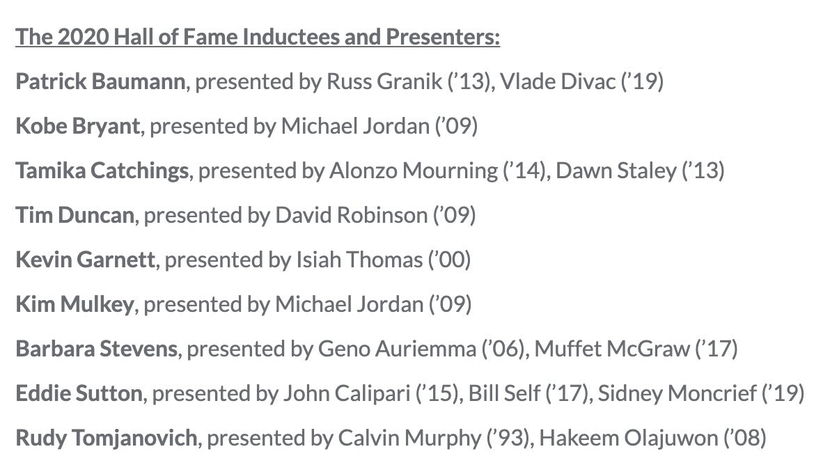 ⭐️ Hall of Fame 2020 ⭐️

Kobe Bryant, sera présenté par Michael Jordan ❤️

Tim Duncan, sera présenté par David Robinson ❤️

Kevin Garnett, sera présenté par Isiah Thomas ❤️

Tamika Catchings, sera présentée par Alonzo Mourning ❤️

Quelle cuvée all time.