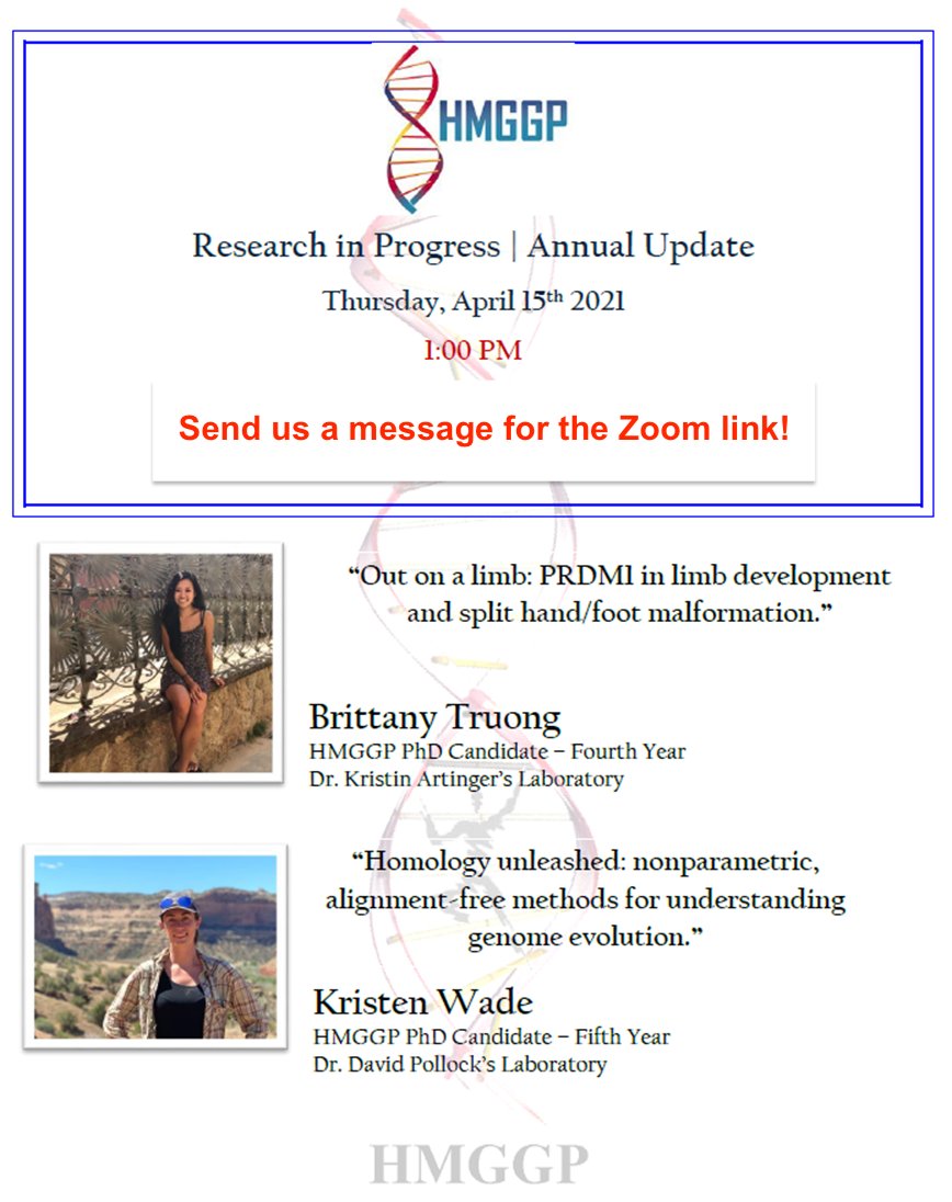 Looking forward to hearing Brittany and Kristen, two awesome HMGGP students, talk about their research progress! Send us a message if you'd like the Zoom link.