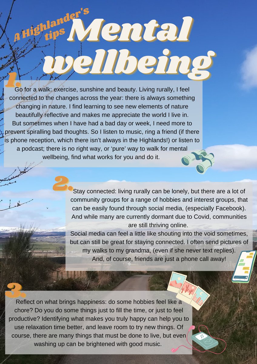 ScienceCeilidh's tweet photo. 1 in 3 Highlanders experience #MentalIllness (according to @BwoodHighland). Our rurality can be lonely. But there are things we can all do to improve mood. Below are some of mine! 
Feel free to share your #MentalHealthTips and #walk pics! https://t.co/WyZ6CKJNym