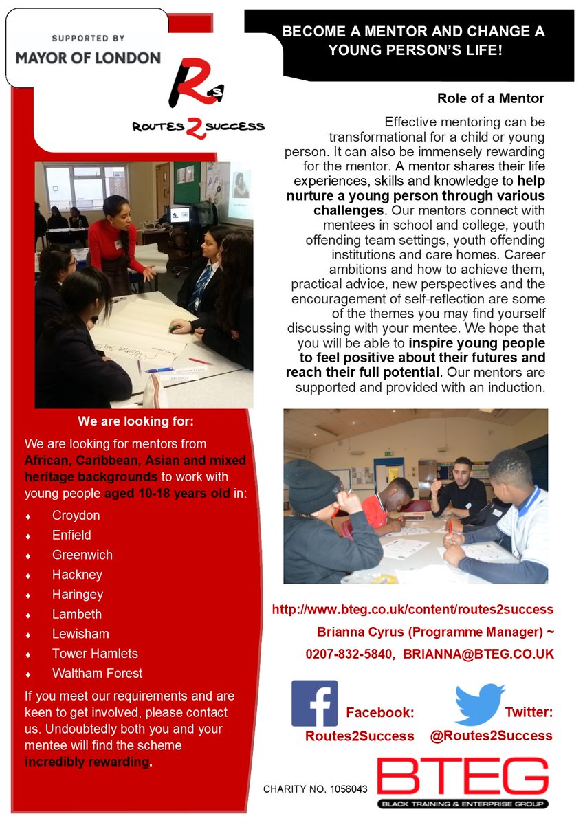 Can you spare the time to mentor  young people aged 12 -18 from an African, Caribbean or Asian background in London?

If so @BTEG_LDN would like to hear from you. 

A training day takes place on Saturday April 24th.

Contact brianna@bteg.co.uk for more details