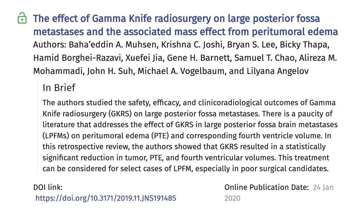 Thrilled to see our research on the effect of GKRS on large posterior fossa metastasis featured on the cover of JNS. It was the third article in over a year to be featured as the cover!! Really happy that I was part of the amazing neuro-oncology team at the #clevelandclinic