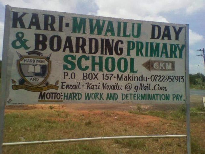 Signage of KARI MWAILU Primary School in Makindu Sub County, Makueni County. The school produced the top KCPE 2020 candidate; Faith Mumo.