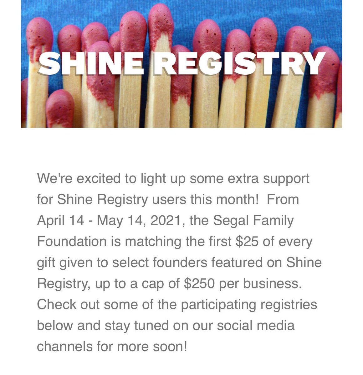 uwanderinc's tweet photo. 💥 BIG NEWS 💥 @shineregistry is matching the first $25 of every gift made through our registry. Only lasts until May 14, consider supporting &amp; celebrating our work today! Visit, https://t.co/r98aYAobZG to make your gift. https://t.co/qWOAbSiyYc