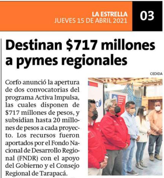 Hoy La Estrella de Iquique publica:
Destinan $ 717 millones a pymes regionales.
Informa de la apertura de dos convocatorias del programa Activa Impulsa de Corfo. 💪🚀💻 <a href="/CesarVillanuV/">Cesar Villanueva V.</a> 
Leer en 👉 bit.ly/3wZGQiD 
Ver webinar en 👉 bit.ly/2RsvlzL