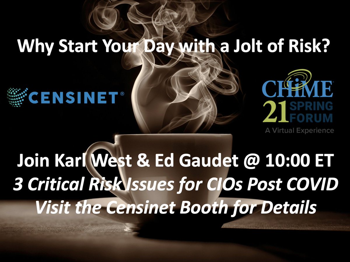 We're kicking off day 3 of #CHIME21Spring with some serious caffeine. 30 minutes of live, real advisory talk about #healthcareIT risk. bit.ly/32fjwPN