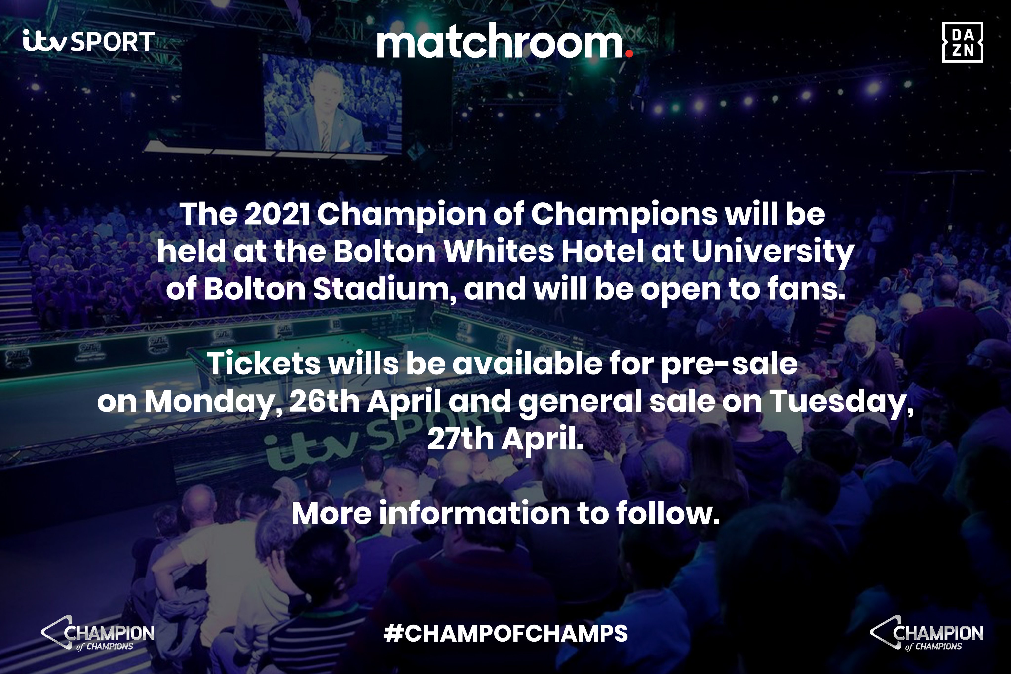 Champion Of Champions on Twitter: "We're delighted to announce that the 2021 Champion of Champions will be open to Taking place at the Bolton Whites Hotel at University of Bolton Stadium,