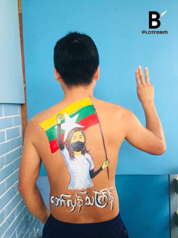 Revolutionary Thingyan art strike, including the arts of three prominent strike leaders, <a href="/EithinzarMM/">Ei Thinzar Maung</a> ,#TayzarSan &amp; #WaiMoeNaing by #Bamo youths today, on Apr 15.
#WhatsHappeningInMyanmar
#Apr15Coup